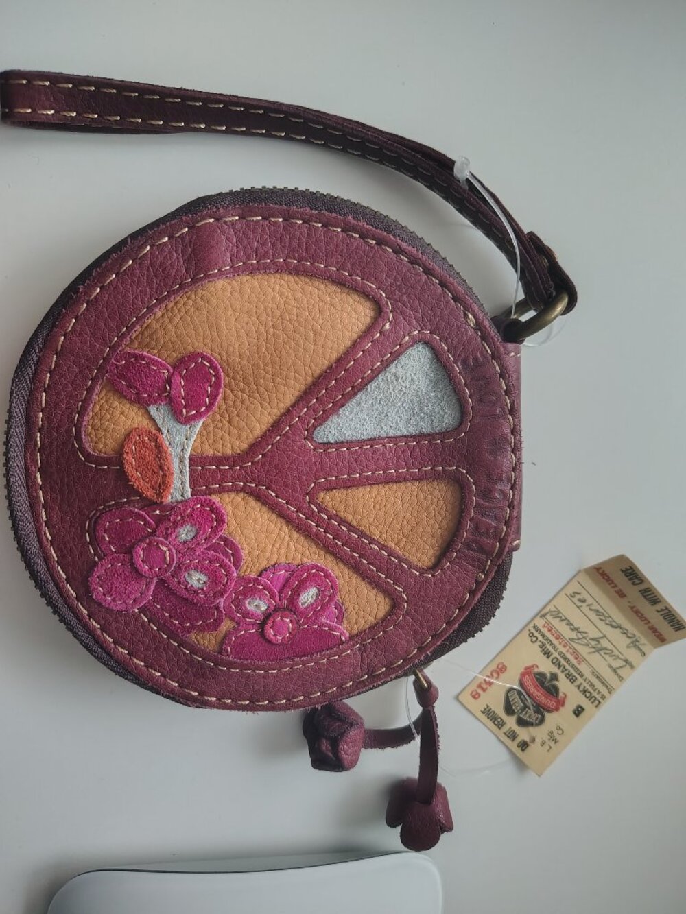 Lucky Brand Leather Coin Purse Wristlet - Peace Flower Power Mulberry